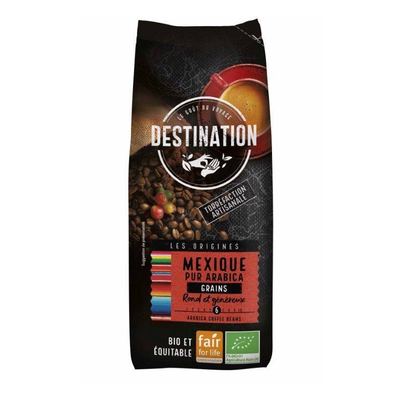 CAFE MEXIQUE GRAINS PUR ARABICA FAIR 250GR DESTINATION  dans votre magasin bio en ligne Etiketbio.eu