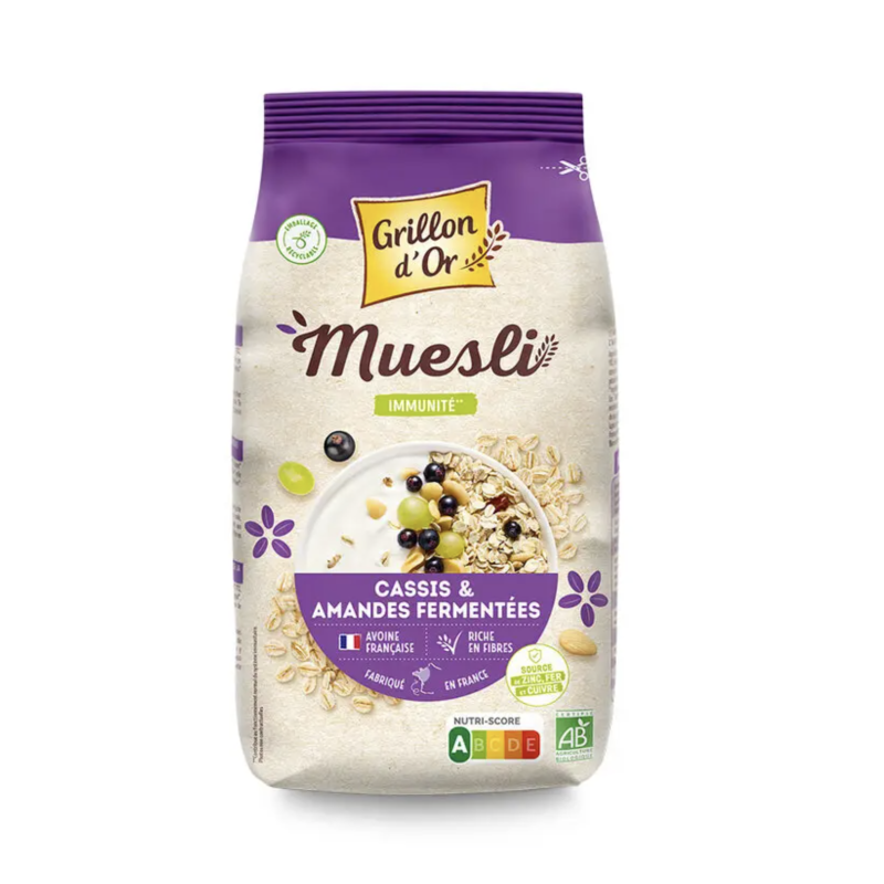 MUESLI CASSIS AMANDE FERMENTE IMMUNITE 500GR GRILLON D'OR  dans votre magasin bio en ligne Etiketbio.eu