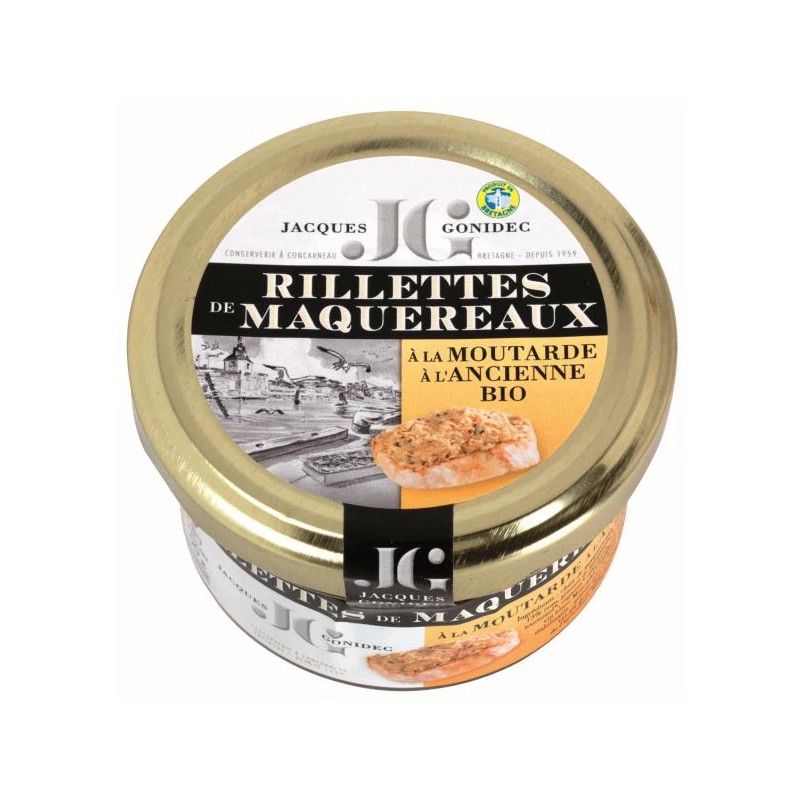 RILLETTES MAQUEREAUX MOUTARDE ANCIENNE 90G JACQUES GONIDEC  dans votre magasin bio en ligne Etiketbio.eu