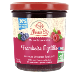 CONFITURE FRAMBOISE MYRTILLE FAIR TRADE 320GR MAMIBIO  dans votre magasin bio en ligne Etiketbio.eu