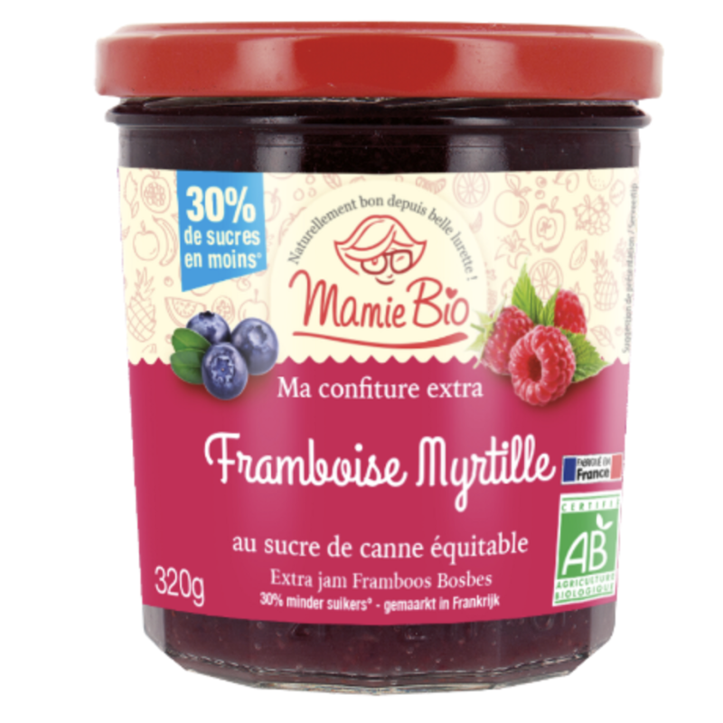 CONFITURE FRAMBOISE MYRTILLE FAIR TRADE 320GR MAMIBIO  dans votre magasin bio en ligne Etiketbio.eu