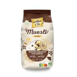 MUESLI BANANE CHOCO CACAHUETES PROTEINE 500GR GRILLON D'OR  dans votre magasin bio en ligne Etiketbio.eu