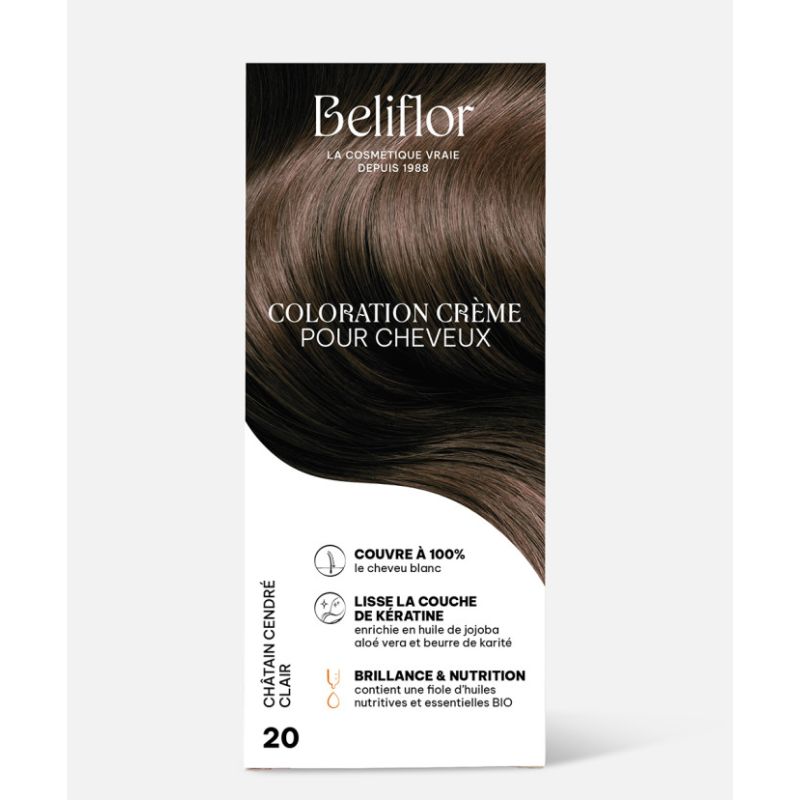 COLORATION CRÈME N°20 CHÂTAIN CENDRÉ CLAIR BELIFLOR  dans votre magasin bio en ligne Etiketbio.eu