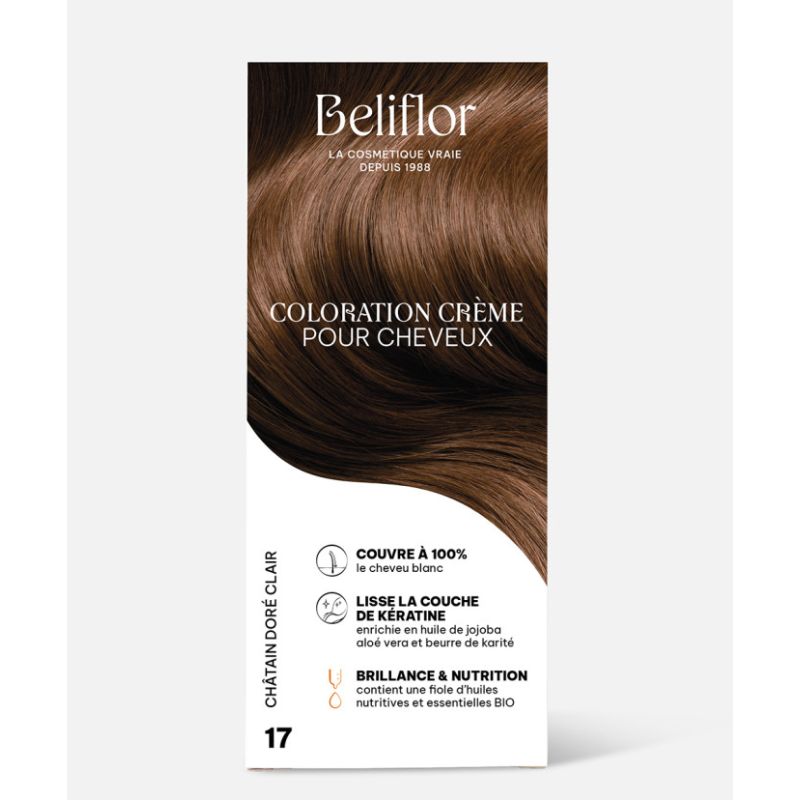 COLORATION CRÈME N°17 CHÂTAIN DORÉ CLAIR BELIFLOR  dans votre magasin bio en ligne Etiketbio.eu