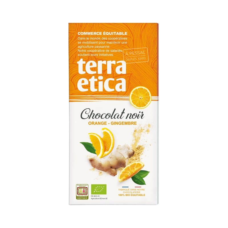 TABLETTE CHOCOLAT NOIR ORANGE GINGEMBRE 100GR TERRA ETICA  dans votre magasin bio en ligne Etiketbio.eu