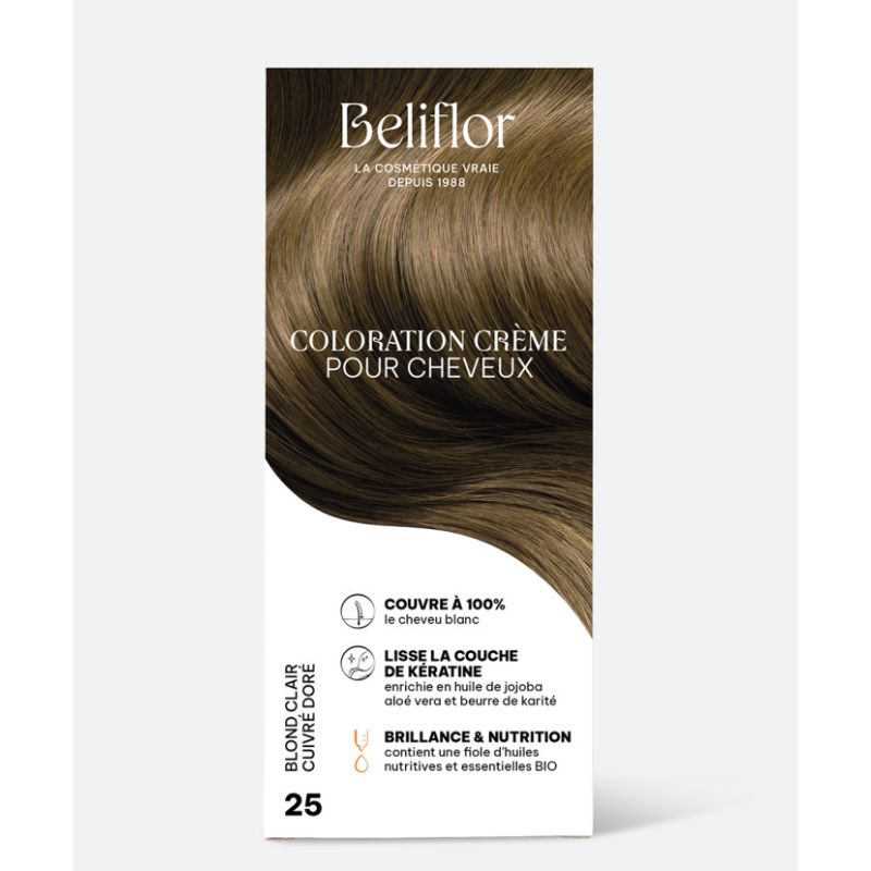 Coloration Crème n°25 Blond Clair Cuivré Doré BELIFLOR  dans votre magasin bio en ligne Etiketbio.eu