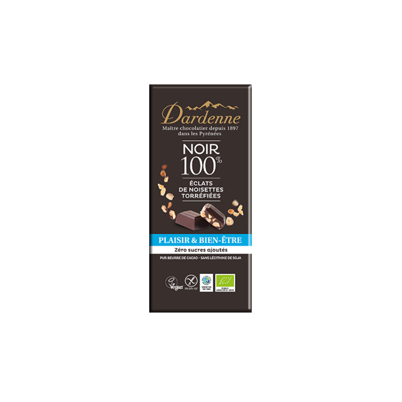 TABLETTE CHOCOLAT NOIR 100% ECLATS DE NOISETTE TORREFIES (90G) DARDENNE  dans votre magasin bio en ligne Etiketbio.eu