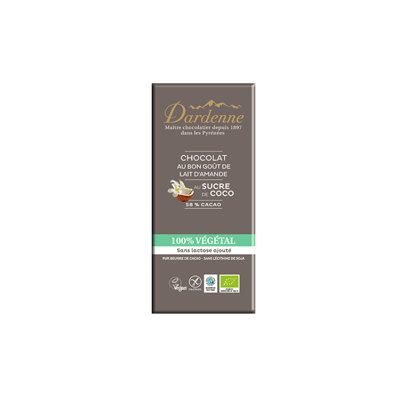 TABLETTE CHOCOLAT AU LAIT D'AMANDE 100% VEGETAL AU SUCRE DE COCO (80G) DARDENNE  dans votre magasin bio en ligne Etiketbio.eu