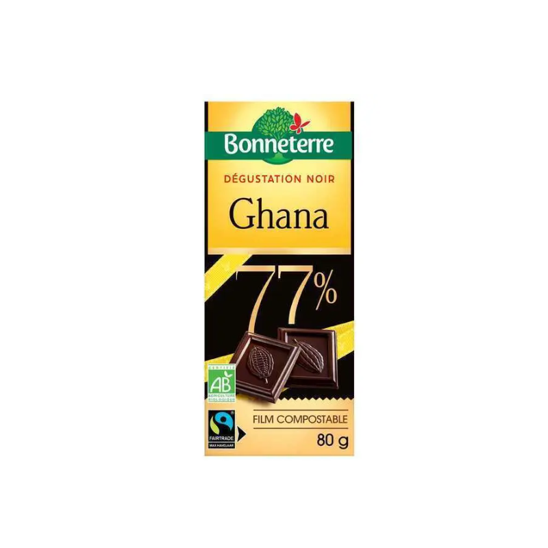 CHOCOLAT NOIR GHANA 77% 80GR BONNETERRE  dans votre magasin bio en ligne Etiketbio.eu