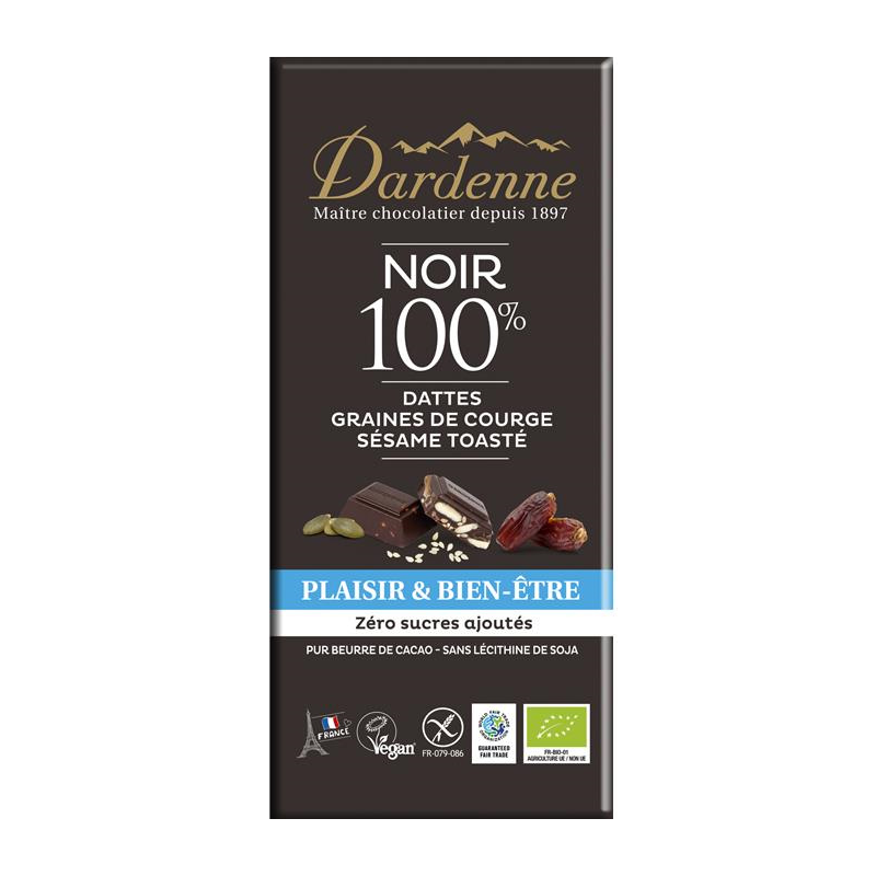 TABLETTE CHOCOLAT NOIR 100% DATTES GRAINES DE COURGE SESAME (90G) DARDENNE  dans votre magasin bio en ligne Etiketbio.eu