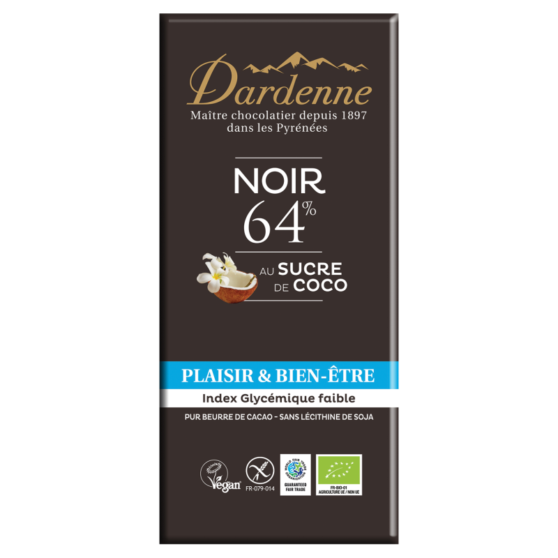 TABLETTE CHOCOLAT NOIR 64% AU SUCRE DE COCO 100% VEGETAL 80GR DARDENNE  dans votre magasin bio en ligne Etiketbio.eu