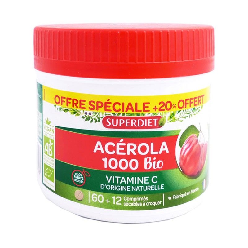 ACEROLA 1000 BIO MAXIPOT 60+12CPS A CROQUER  SUPER DIET  dans votre magasin bio en ligne Etiketbio.eu