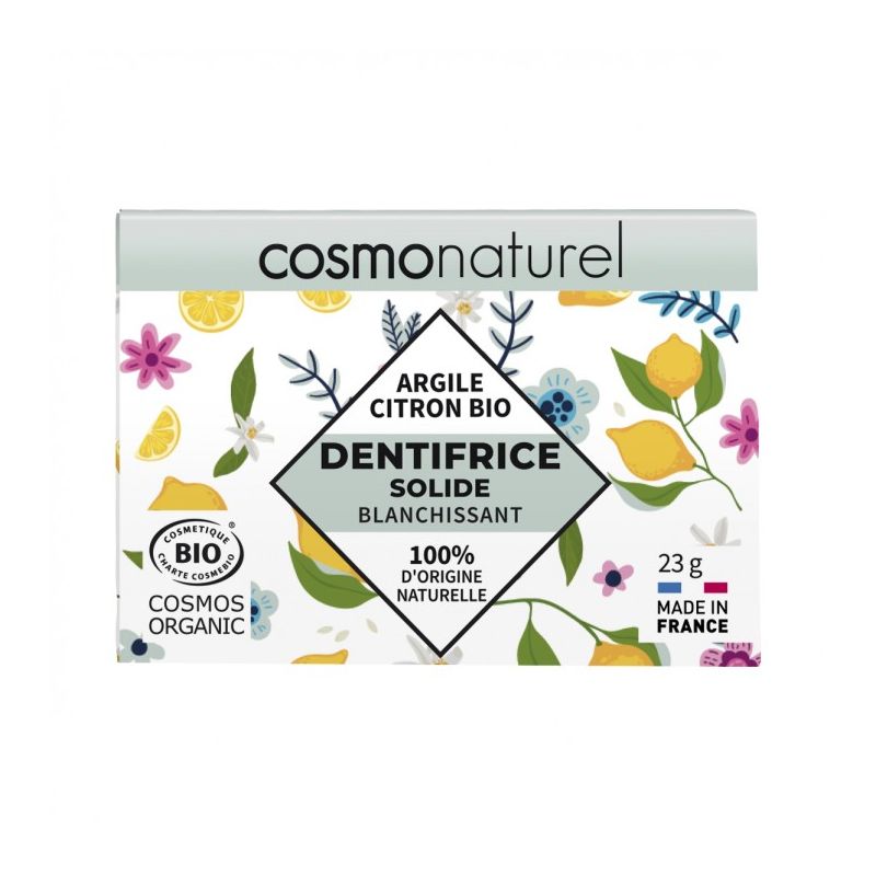 Dentifrice solide blanchissant argile citron 23g COSMONATUREL  dans votre magasin bio en ligne Etiketbio.eu